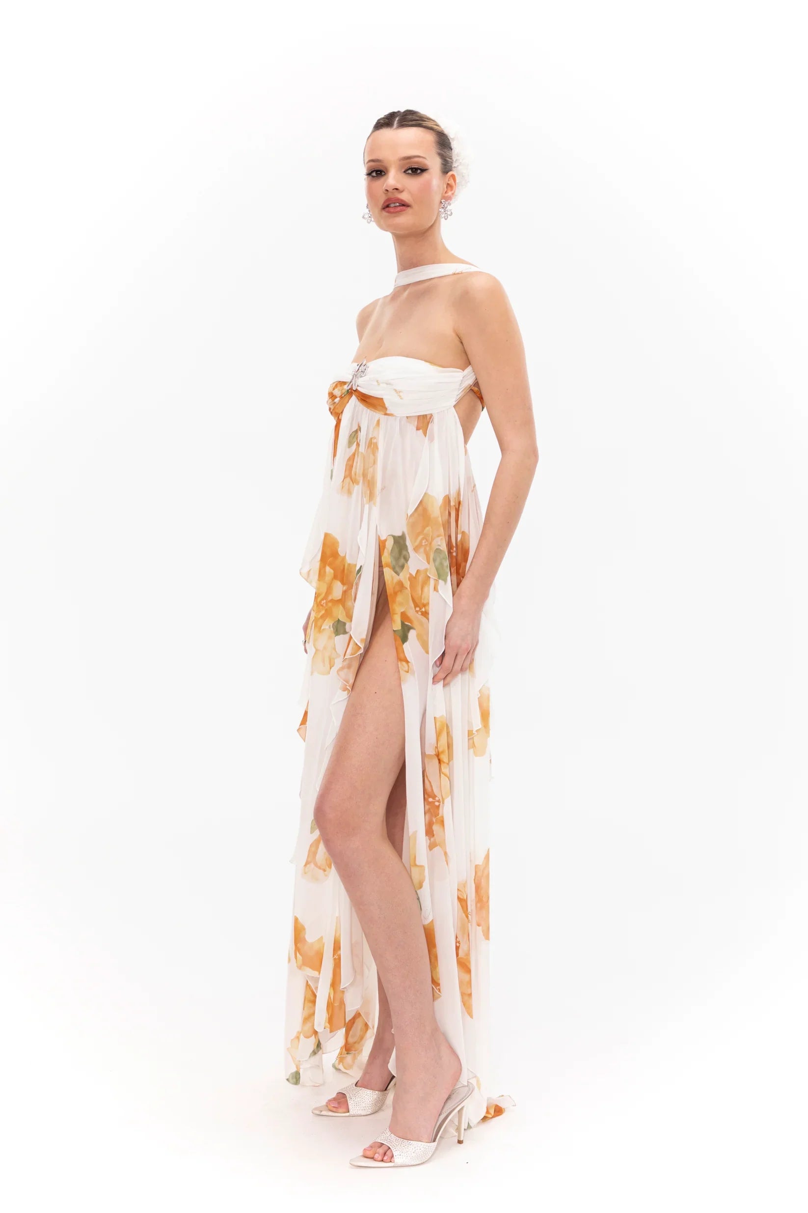 Meredith™ | Schulterfreies Maxikleid mit Print