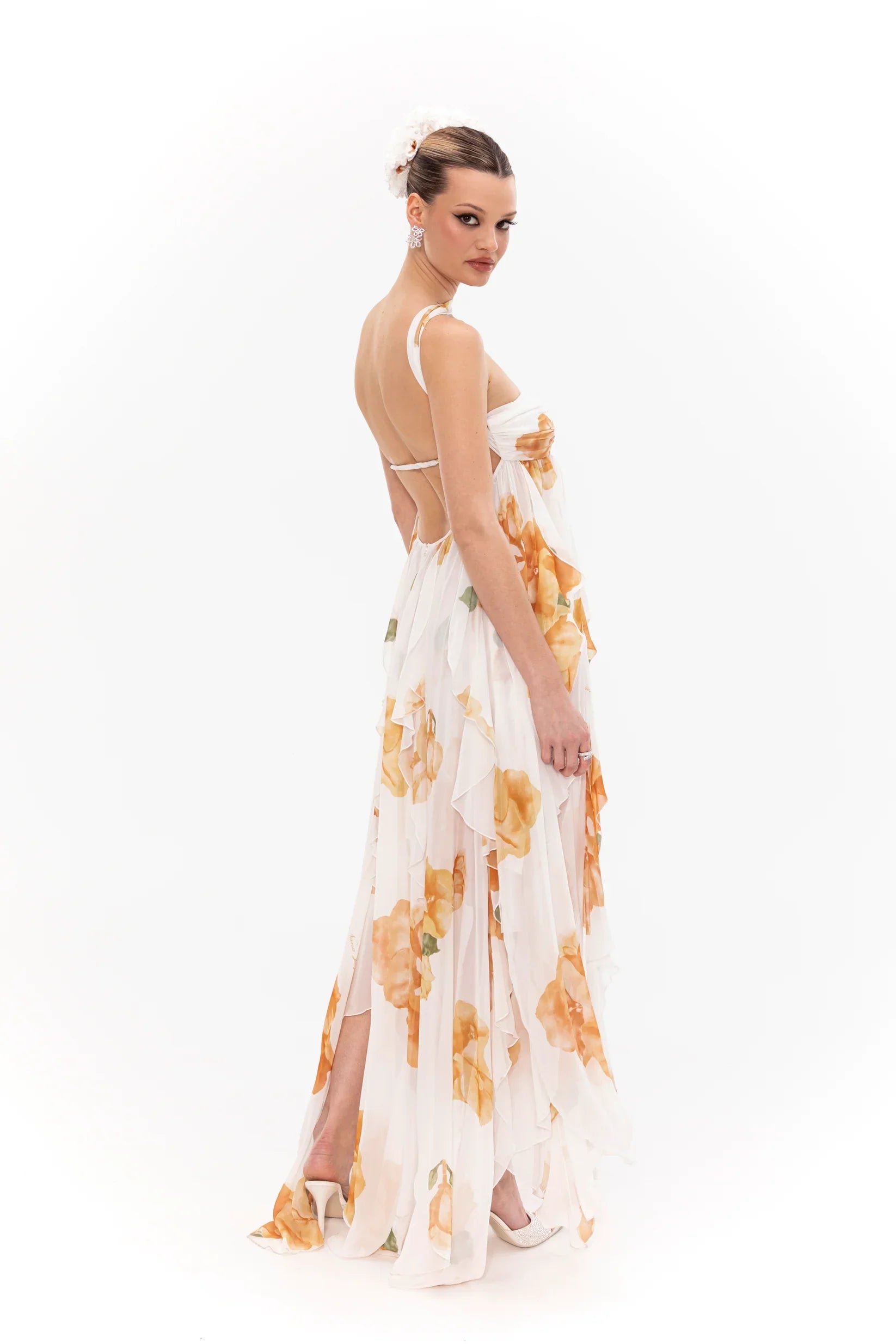 Meredith™ | Schulterfreies Maxikleid mit Print