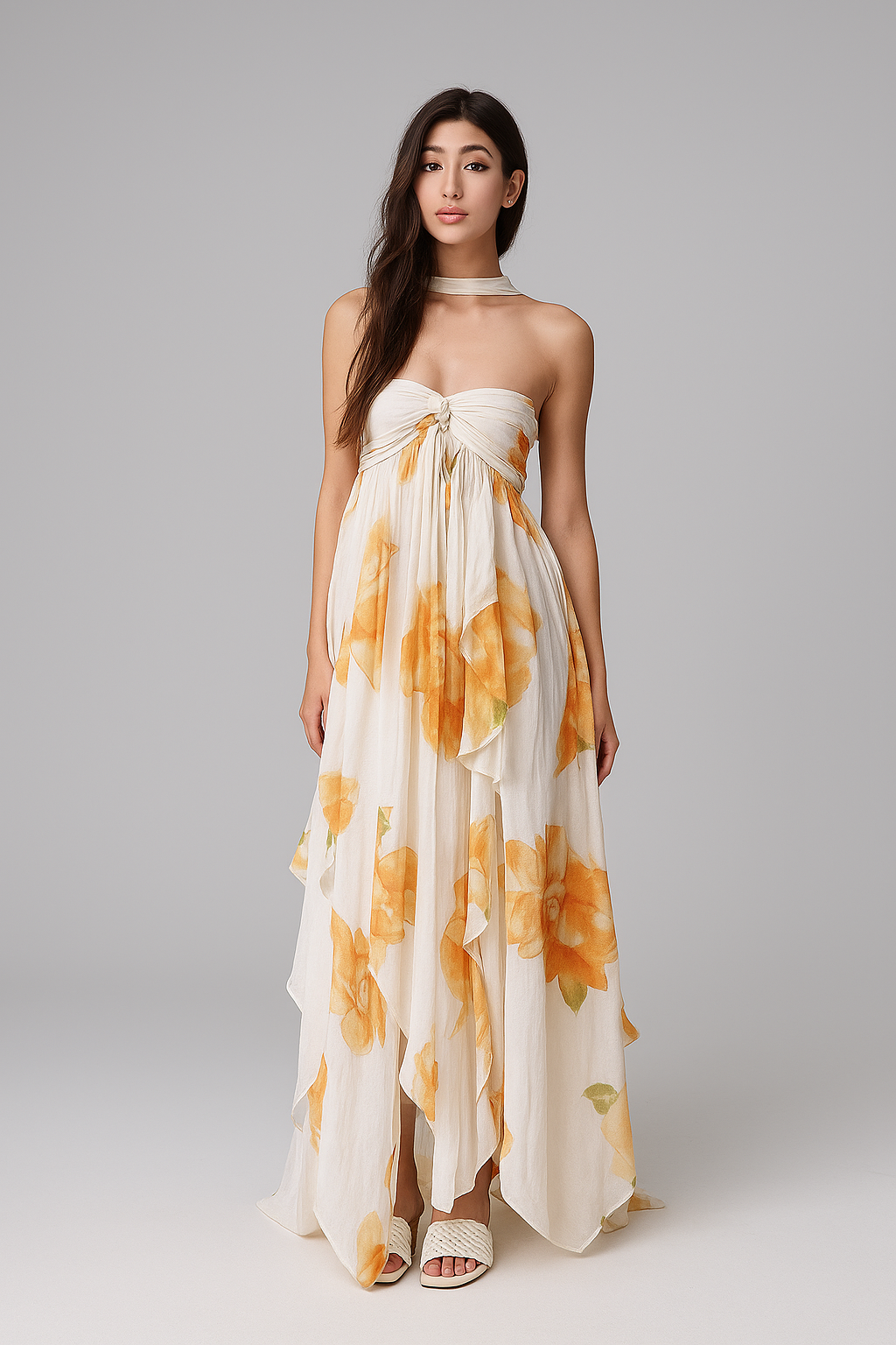 Meredith™ | Schulterfreies Maxikleid mit Print