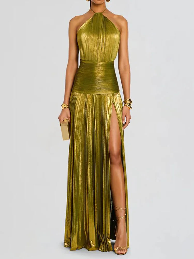 Lorry™ | Elegantes Neckholder-Kleid in Goldgrün