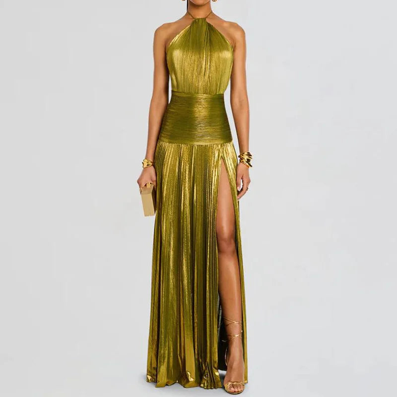 Lorry™ | Elegantes Neckholder-Kleid in Goldgrün
