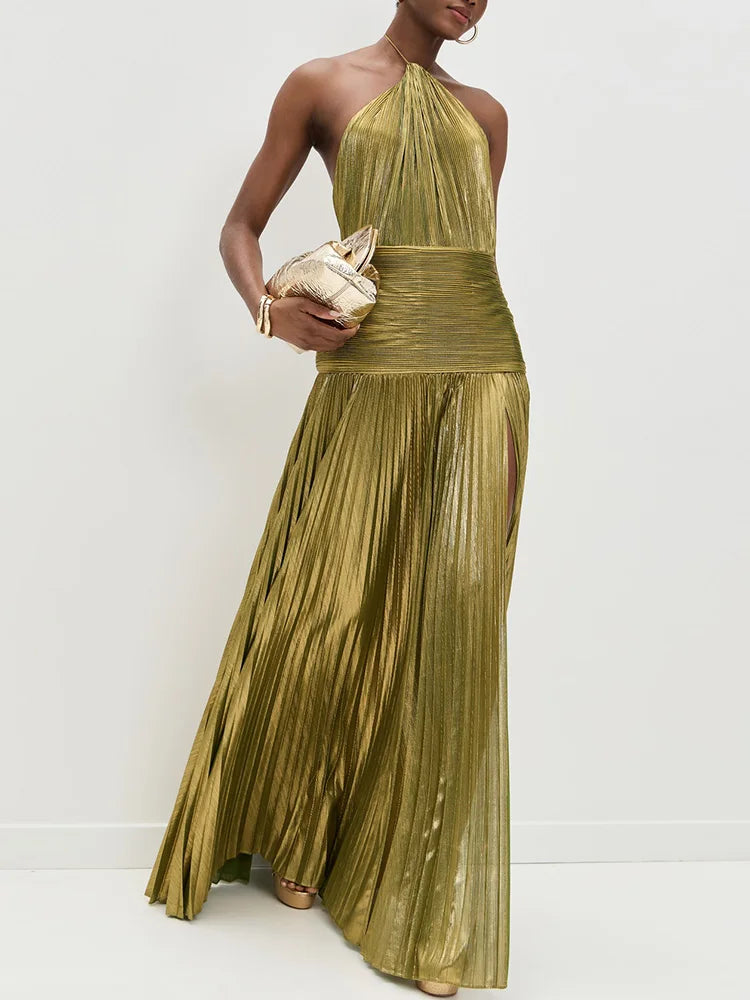 Lorry™ | Elegantes Neckholder-Kleid in Goldgrün