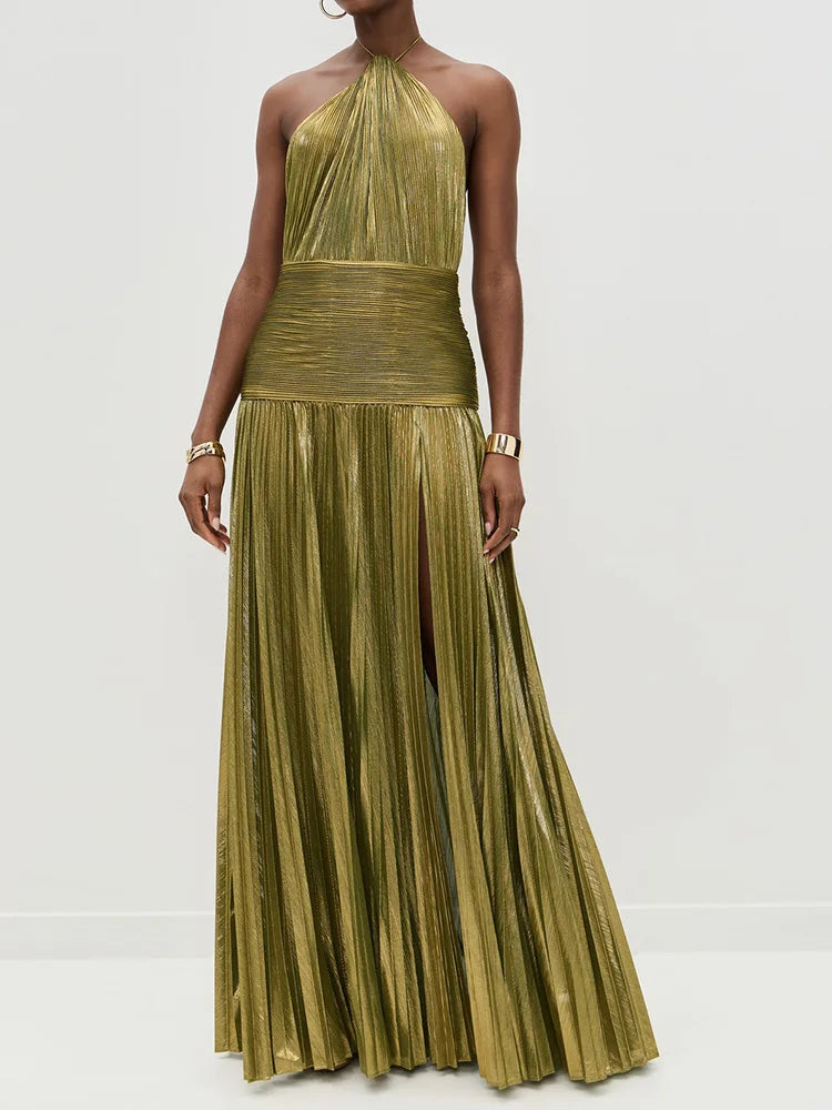 Lorry™ | Elegantes Neckholder-Kleid in Goldgrün