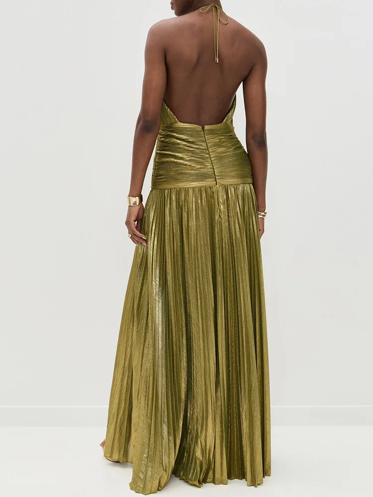 Lorry™ | Elegantes Neckholder-Kleid in Goldgrün