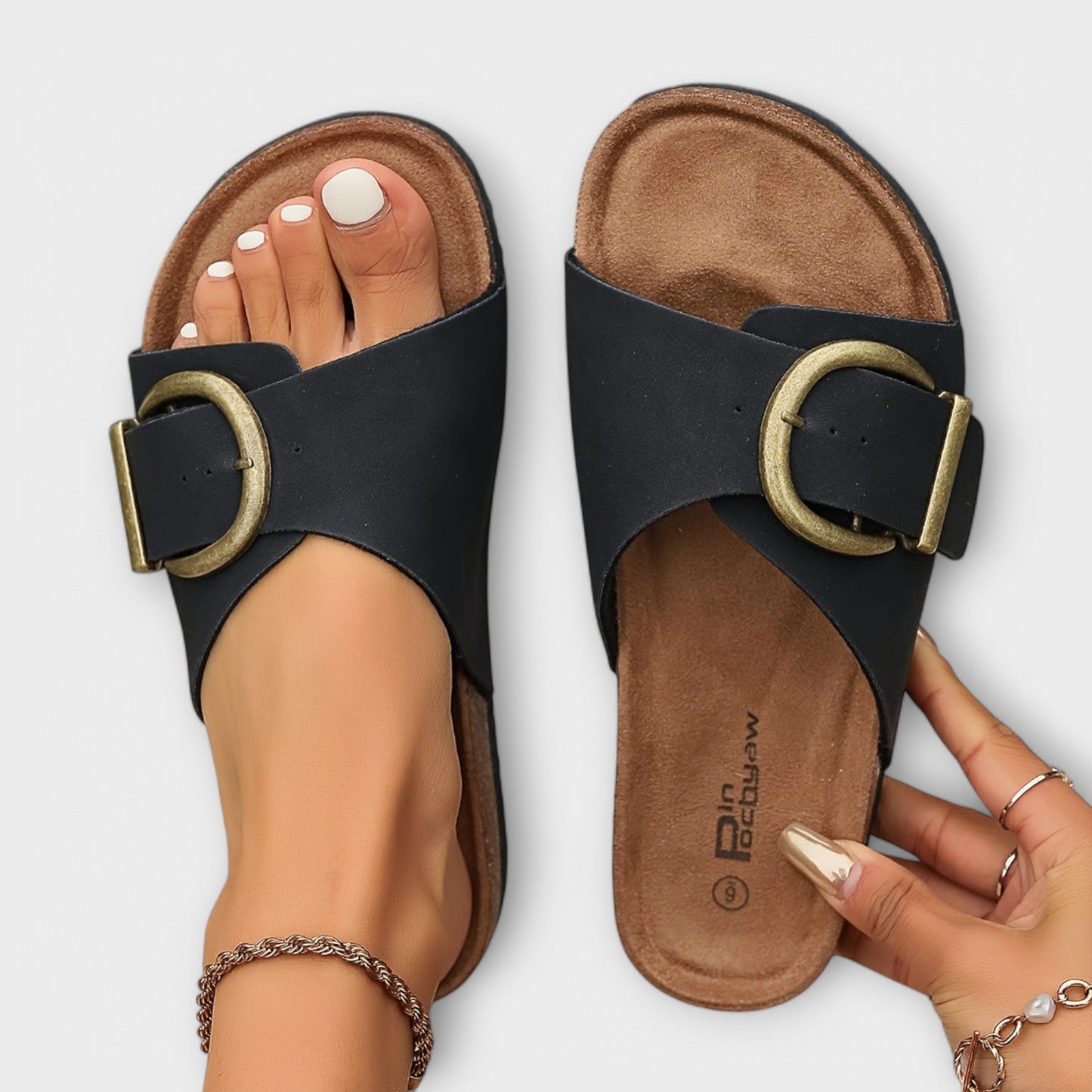 Margie™  Damen Kork Pantoletten mit Schnallenriemen Design