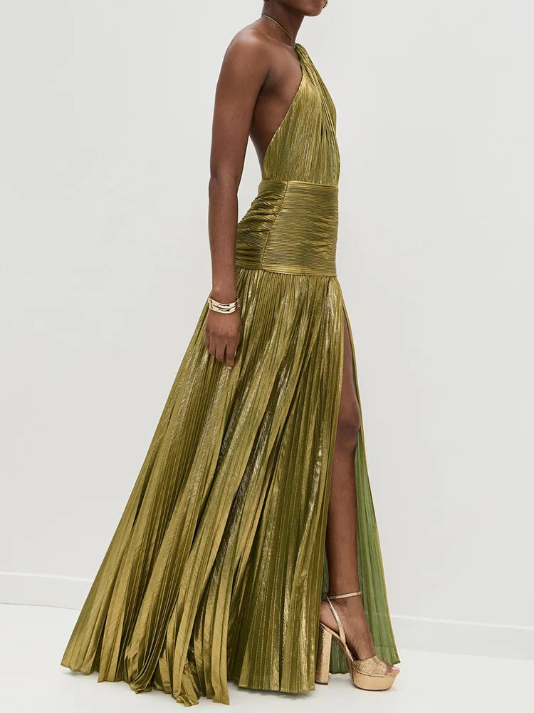 Lorry™ | Elegantes Neckholder-Kleid in Goldgrün